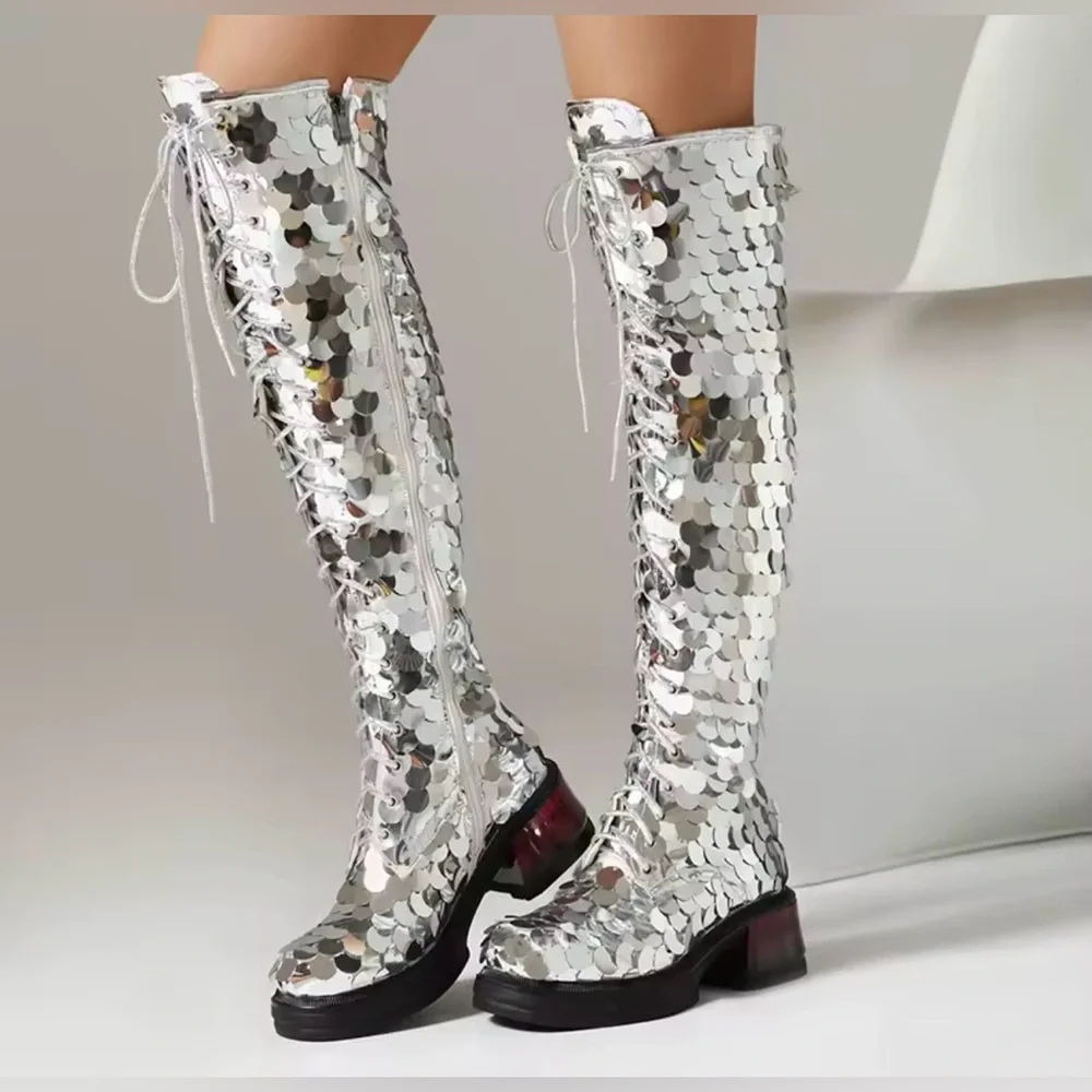 Nu Shuz Key West Shiny Metallic Silver Sequin Over-the-Knee Boots